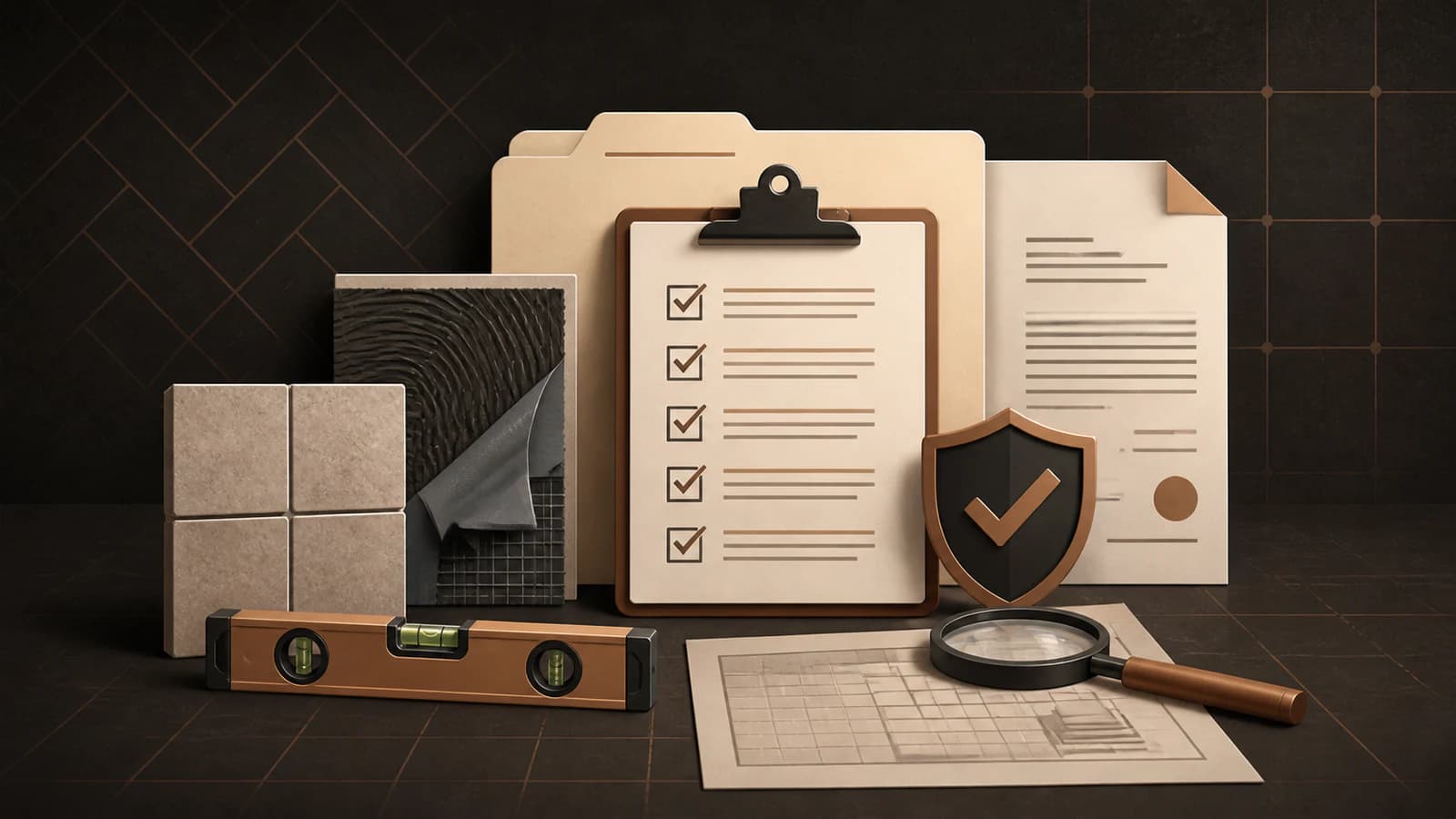 Editorial checklist, contract, tile samples, waterproofing layers, level, shield, and magnifying glass