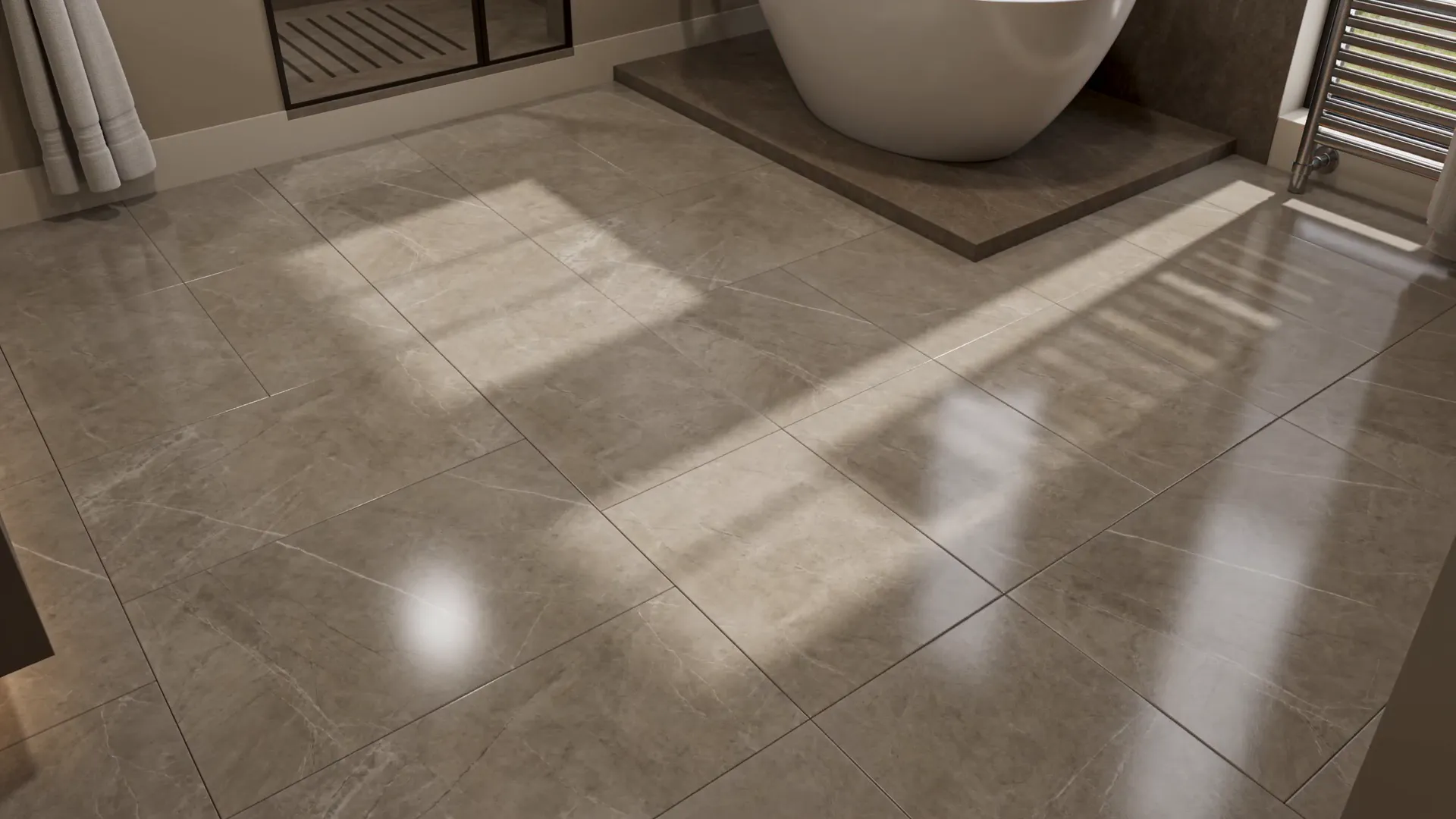 Finished marble-look tile bathroom floor beside a freestanding tub