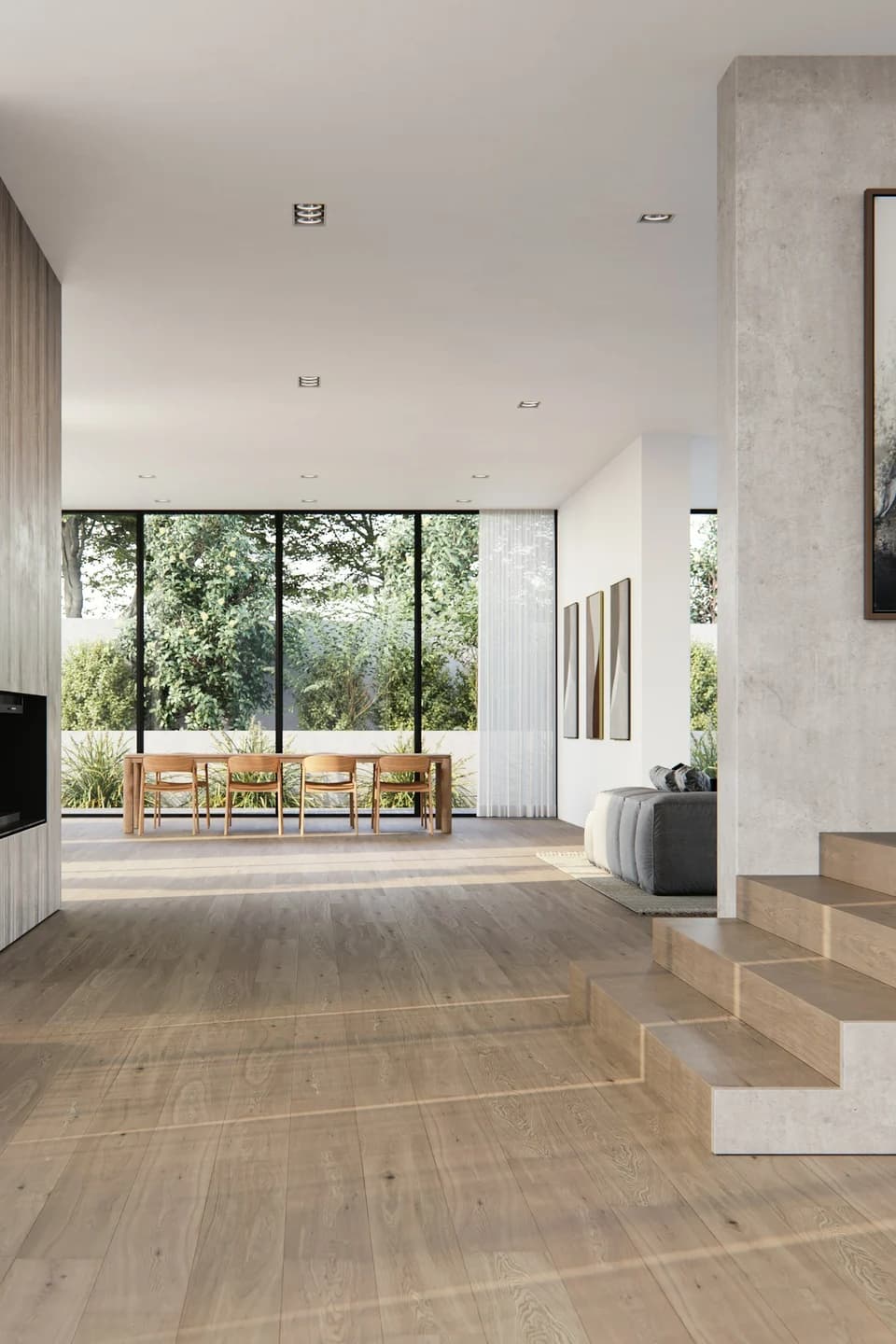 Patterned floor tile detail beneath a modern dining chair