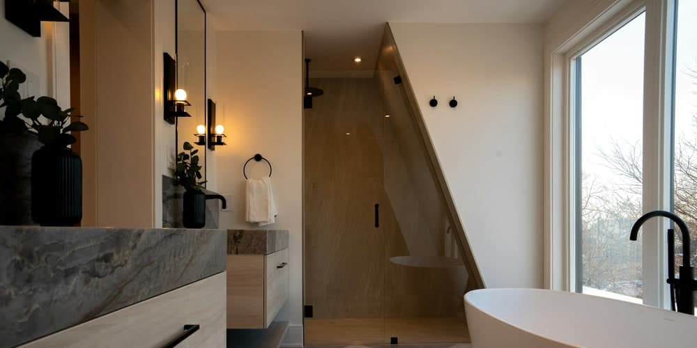 Bathroom floor tile installed around a freestanding tub
