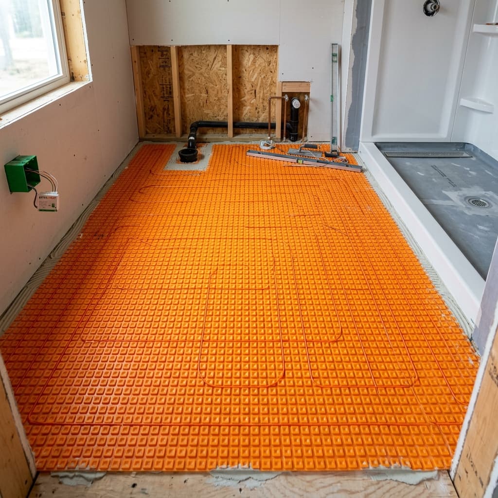 Ditra heat membrane with electric heating cables before tile installation by Moonka Tiles Co.