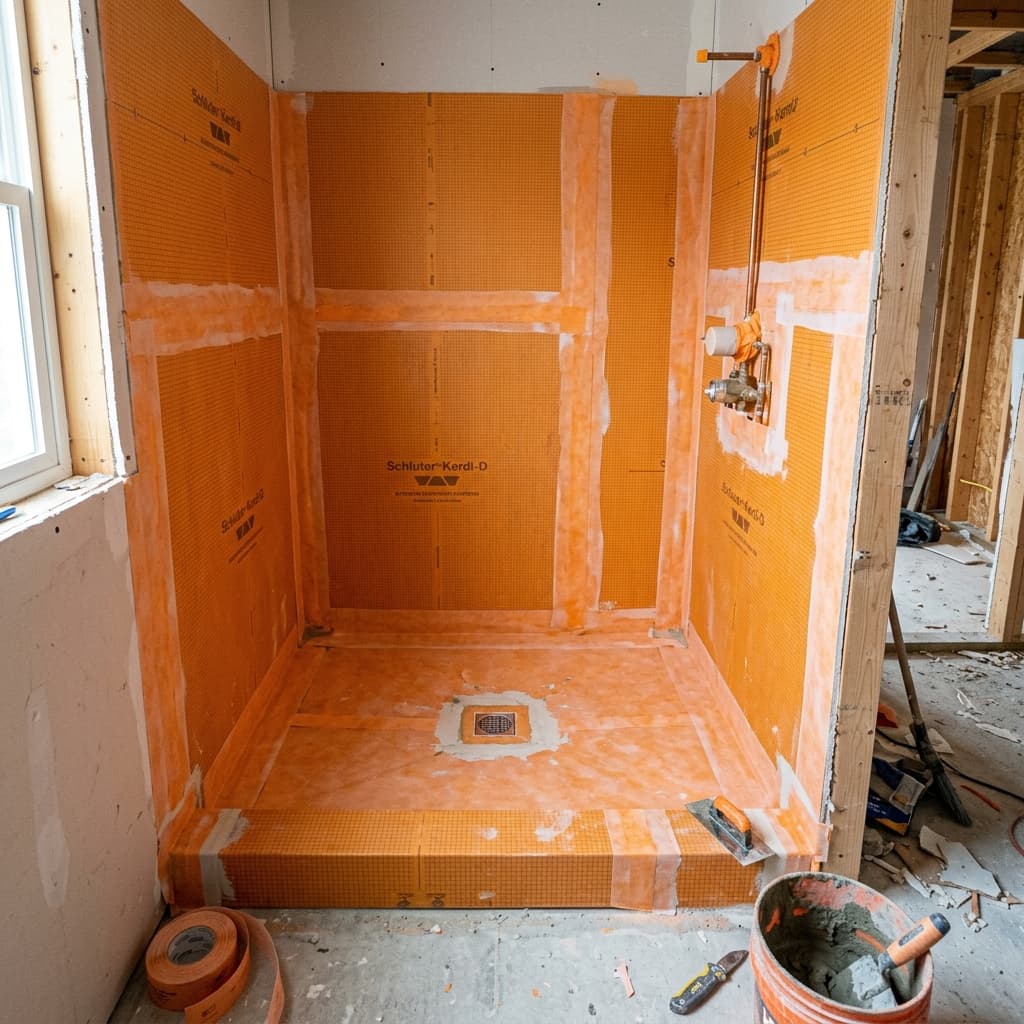 Schluter-style waterproof shower system installed before tile by Moonka Tiles Co.